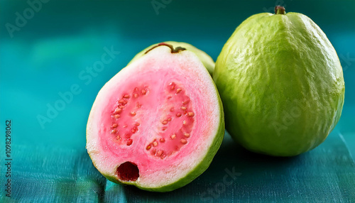 Guava fruit. Fresh, ripe guava with vibrant green skin and juicy pink photo