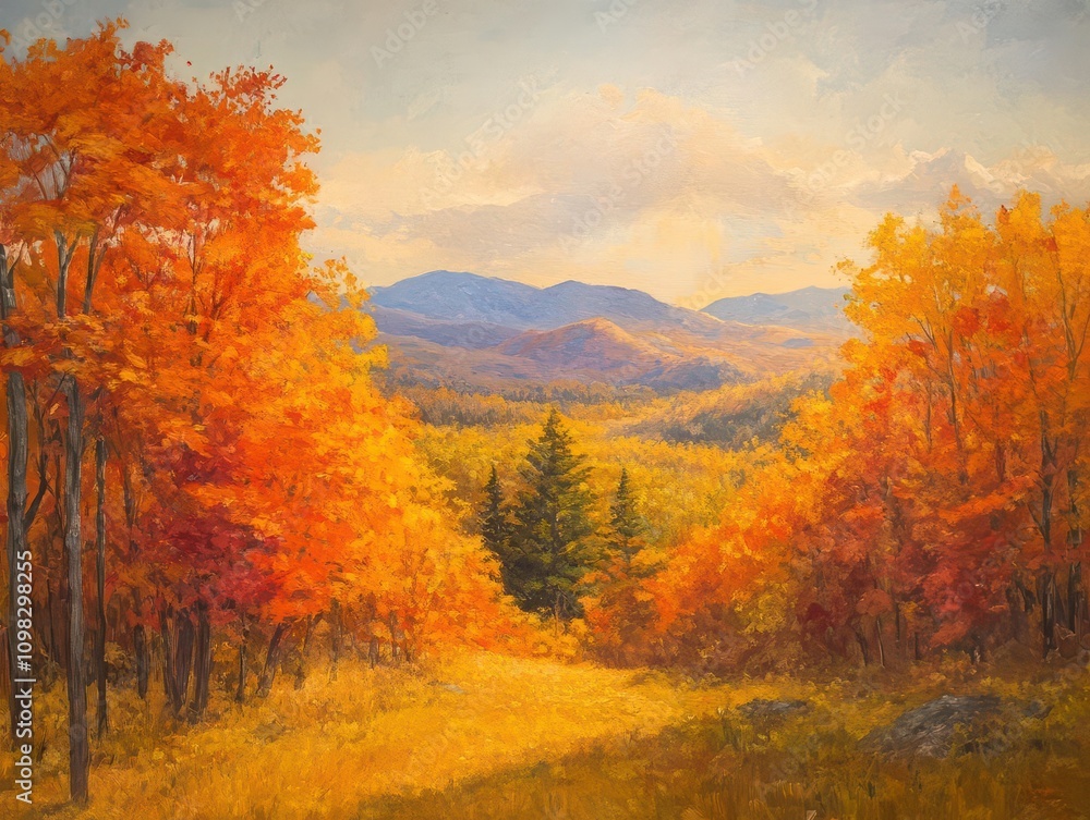 Fototapeta premium enchanting autumn landscape filled with warm, vibrant hues of orange, red, and yellow, capturing the essence of fall under a gentle golden sun