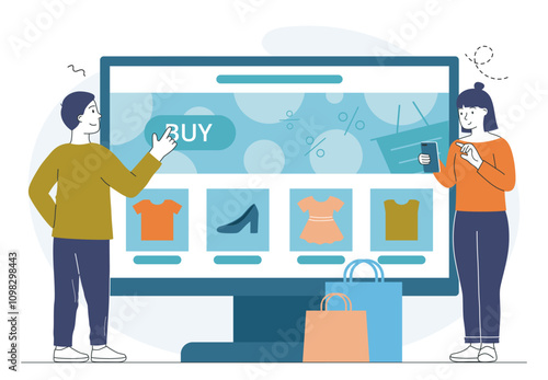 People with online shopping. Man and woman at mercy of computer with goods. Cashless transfers and transactions. Discounts and promotions. Linear vector illustration