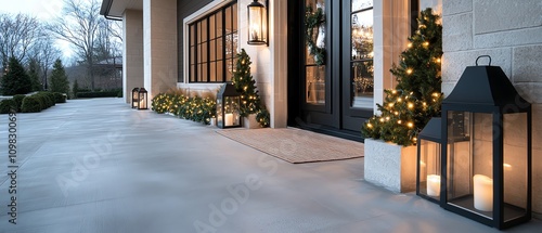 A dramatic holiday entryway with garlands made of recycled fabric strips and string lights photo