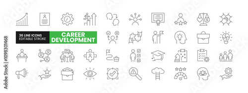 Set of 36 Career Development line icons set. Career Development outline icons with editable stroke collection. Includes Growth, Intern, Creativity, Decision Making, Networking, and More.