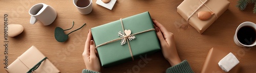 A greenwrapped gift featuring a natureinspired design, like handdrawn snowflakes or leaves photo