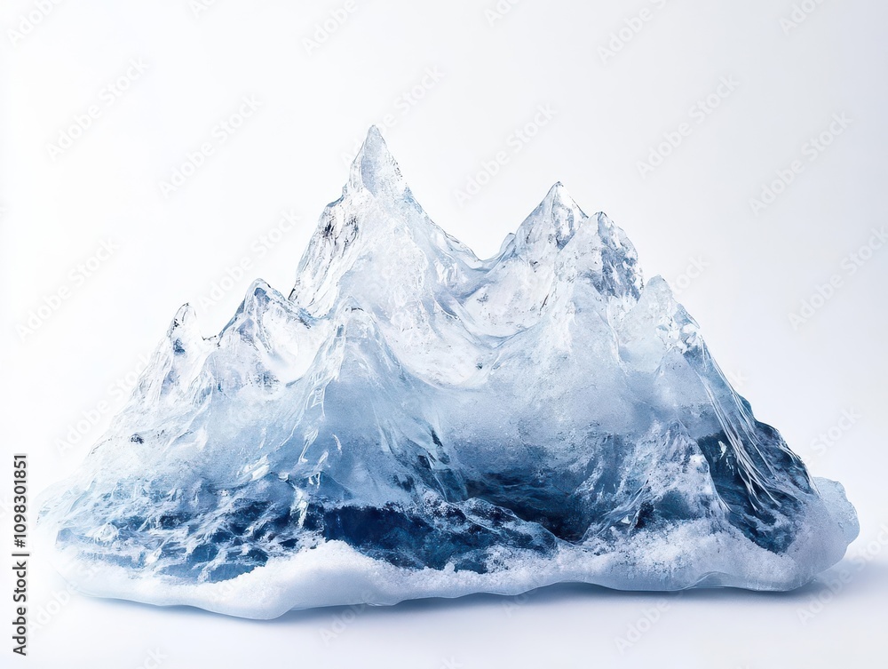 Obraz premium intricate ice sculpture mimicking a majestic mountain range against a pure white background, capturing the beauty of nature's forms in a delicate and artistic frozen medium