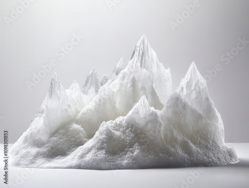 intricate ice sculpture mimicking a majestic mountain range against a pure white background, capturing the beauty of nature's forms in a delicate and artistic frozen medium photo