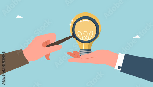 Brainstorming and creativity to create business ideas or strategies, collaboration or partnership to achieve common goals, teamwork and mentoring for innovation and startups, team analyzes light bulb.