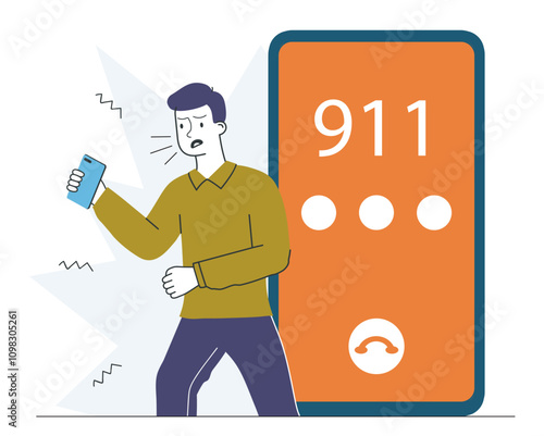 Man with emergency call. Young guy near smartphone with numbers 911. Citizen calls firefighters, ambulance or police. Accident and disaster. Linear vector illustration