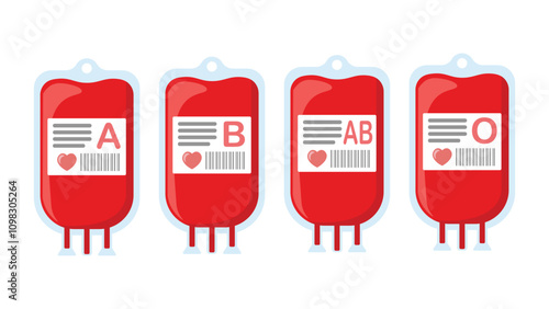 Blood donation. Set of plastic blood bag for blood transfusion with blood type A, B, AB, and O. Vector flat design on isolated background.