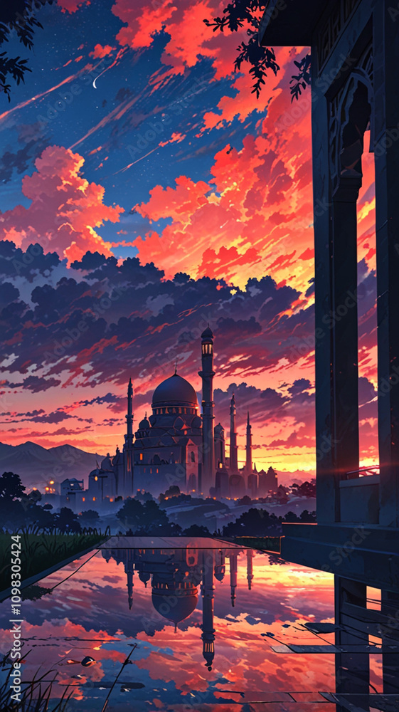 Naklejka premium wallpaper muslim mosque islamic sunset background