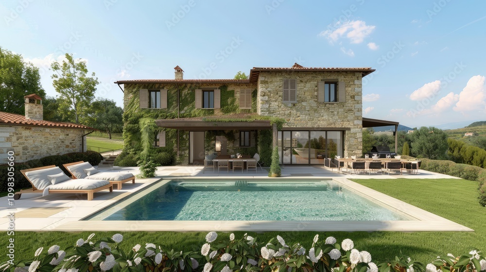 Fototapeta premium Serene Stone Villa with Inviting Pool and Lush Garden