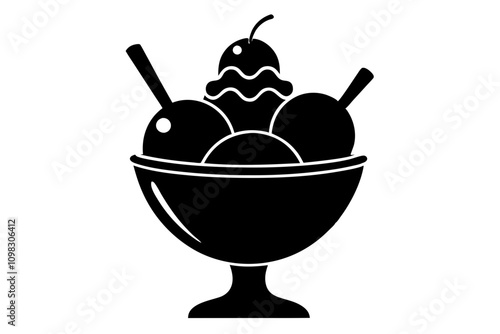 Ice Cream Sundae Silhouette Vector with Whipped Cream and Cherry