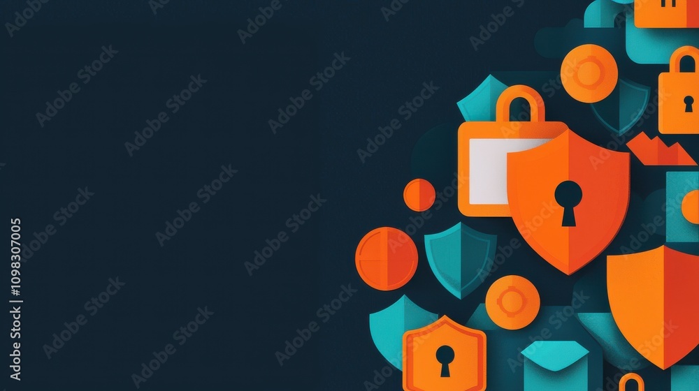 Obraz premium Internet of Medical Things concept. A collection of colorful security icons, including locks and shields, arranged artistically on a dark background, emphasizing themes of safety and protection.