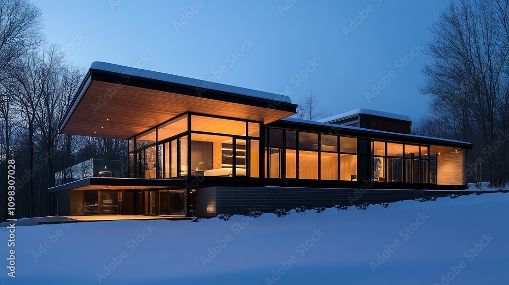 Obraz premium A snowdusted solar panel array on the roof of a modern home with warm light glowing from the windows