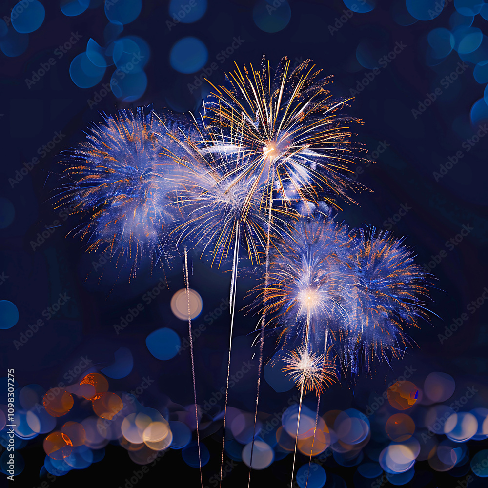 Fototapeta premium New Year Colorful Fireworks glittering background. Ai generative