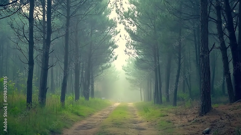 Obraz premium A serene forest path shrouded in mist, inviting exploration and tranquility.