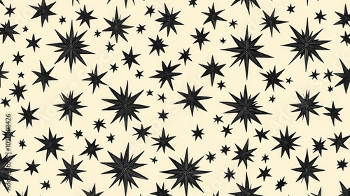 A captivating pattern featuring various black stars scattered on a light cream background. Perfect for designs needing a touch of celestial charm.