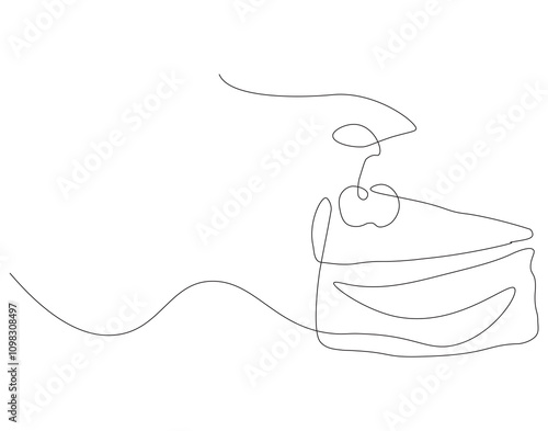 Slice of Cake Continuous Line. Continuous one line drawing pastry cutlet dish with cherry. Dessert concept. Single line draw vector