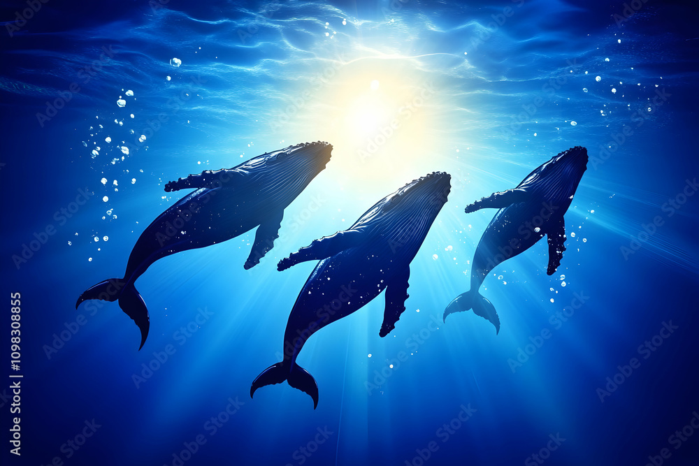 Obraz premium Humpback whales swim toward light in serene underwater ocean scene