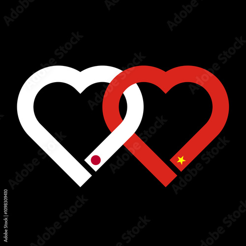 heart shaped ribbon of japan and vietnam flags intertwined. vector illustration isolated on black background