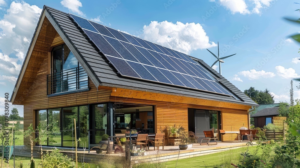 Fototapeta premium Modern Eco-Friendly Home with Solar Panels and Wind Turbine
