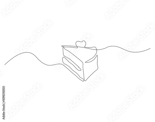 Slice of Cake Continuous Line. Continuous one line drawing pastry cutlet dish with cherry. Dessert concept. Single line draw vector