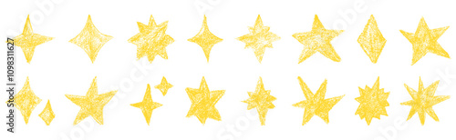 Set of chalk doodle stars. Grunge yellow stars with crayon texture. Hand drawing shape in kid sketch style on transparent background.