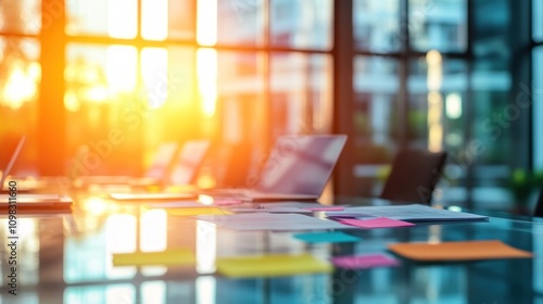 Wallpaper Mural A sunlit office space with laptops and colorful sticky notes on a glass table. Torontodigital.ca