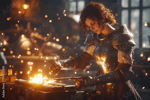 Character upgrading their armor at a blacksmith with armor upgrade UI and material cost display, captured using standard lens on warm forge lighting, with copy space photo