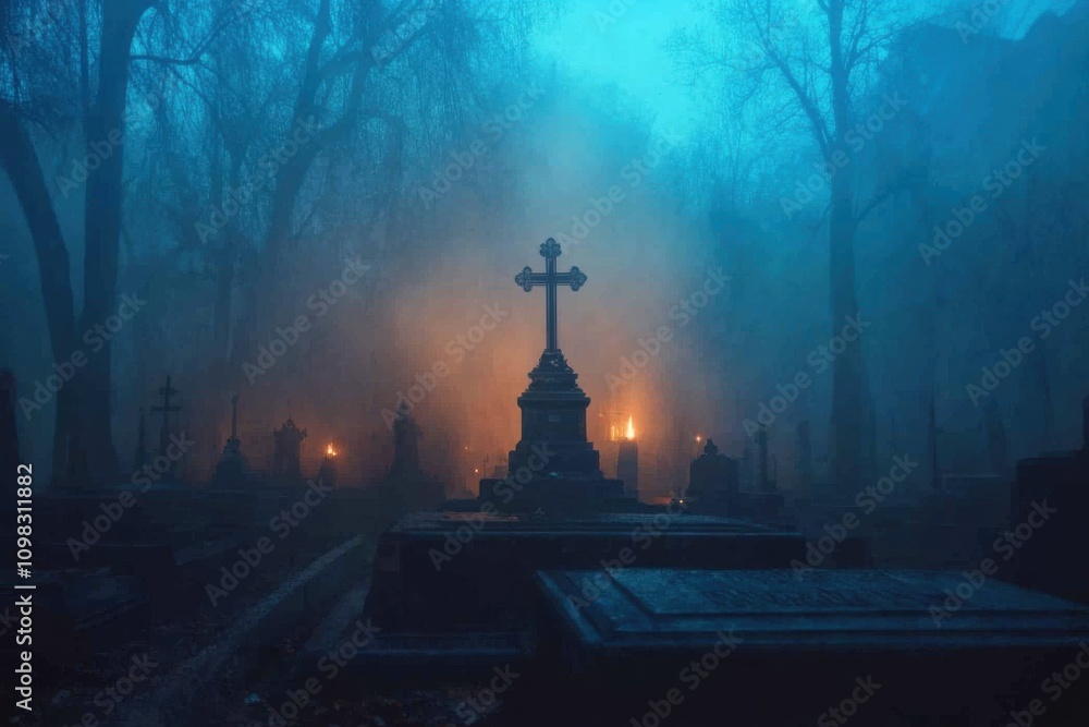 Fototapeta premium Mysterious gothic cemetery at dusk with misty atmosphere and cross tombstones