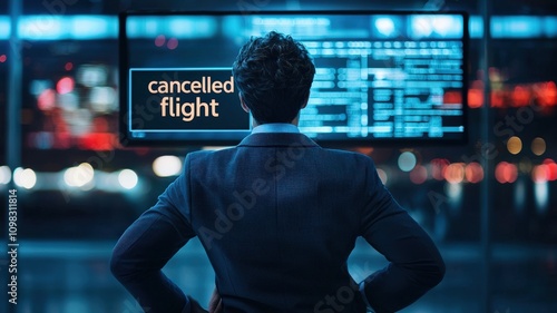 Travel restrictions concept. A frustrated business traveler stands in front of a cancelled flight display with the stress of travel disruptions.