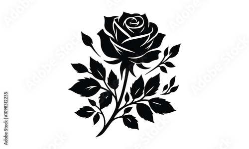 silhouette rose, Roses tattoo. Black roses vector design. Black silhouette of rose, Valentines day silhouette of rose element set. Romantic, rose silhouette vector and white background