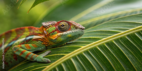 close-up of a chameleon with its vibrant colors blending into a tropical leaf