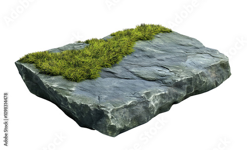 green moss on granite single stone rock slab on white transparent background. cut out.