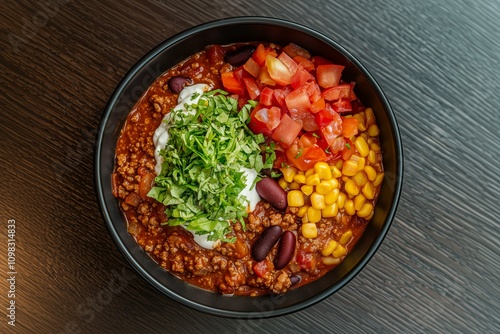 Close-Up of a Bowl of Spicy Chili Con Carne with Assorted Toppings, Emphasizing Rustic Presentation and Warm Tones. Great for Food Campaigns, Cooking Guides, or Product Ads. photo