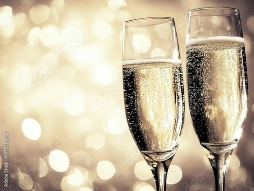 two elegant glasses of champagne sparkle against a soft background, capturing the essence of celebration and luxury. the composition invites viewers to indulge in joyous moments and special occasions