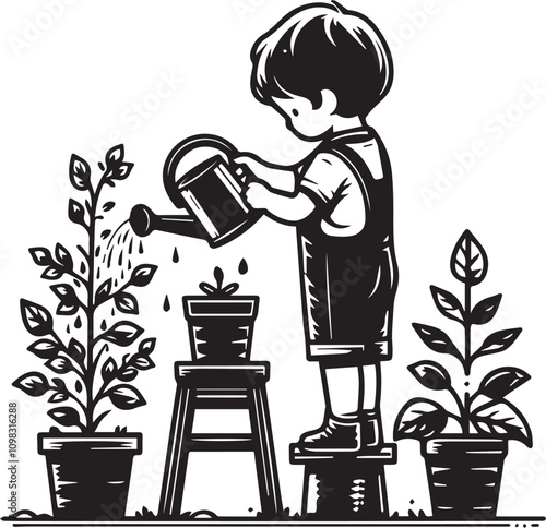 Child Watering Plants, Symbol of Growth and Care. A stylized black and white illustration of a child carefully watering a small plant in a pot.