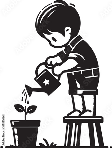 Child Watering Plants, Symbol of Growth and Care. A stylized black and white illustration of a child carefully watering a small plant in a pot.