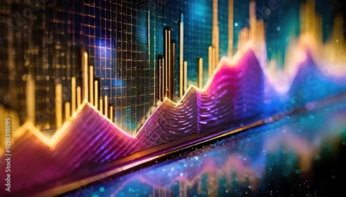 Abstract colorful data visualization with glowing lines chart and graphs