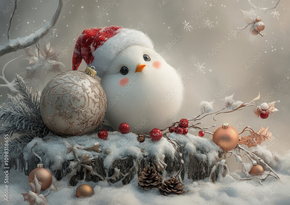Obraz premium Festive Christmas Bird with Red Berries and Christmas decorations