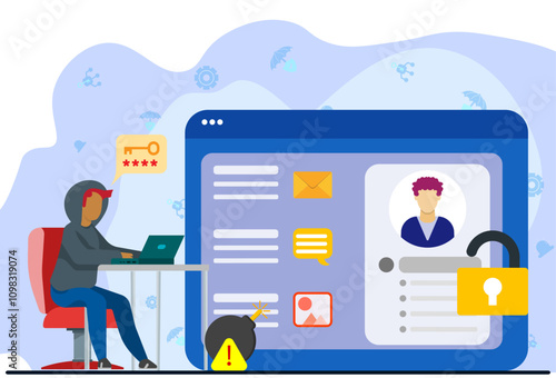 Social media account hacking concept. Male cartoon character hacker trying to enter password to collect personal information on social network. Internet abuse. Publishing sensitive personal data