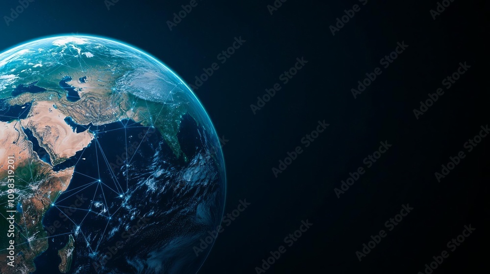 Fototapeta premium fiber optic network efficiency concept. A captivating view of Earth from space, highlighting continents and a network of connections against a dark background.