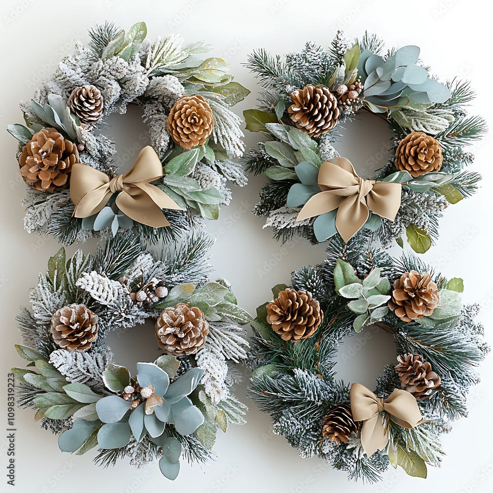 Fototapeta premium Elegant Christmas Wreaths with Pinecones and Greenery for Festive Holiday Decor, Perfect for Seasonal Celebrations and Home Decorations