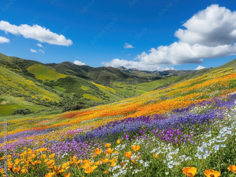 Obraz premium vibrant meadow blanketed with colorful flowers under a clear blue sky, lush greenery, creating a serene and picturesque natural scene