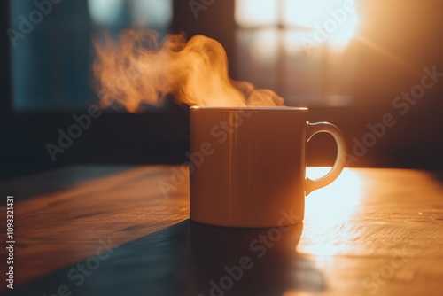 Empty coffee mug on rustic table with steam rising, captured using macro lens on warm morning light, with copy space