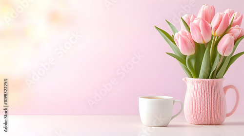 Spring still life scene. Composition with tulips. Cup of coffee, pink knitted plaid