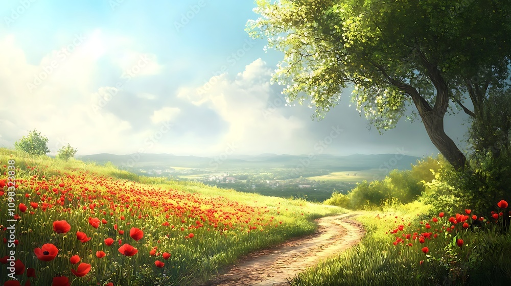 Fototapeta premium A serene landscape featuring a winding path through vibrant poppy fields under a blue sky.