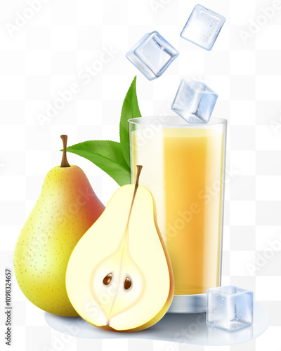 A glass of fresh pear juice or smoothie. Cup of cocktail or yogurt with sweet pear, isolated on transparent background. Realistic 3d vector illustration