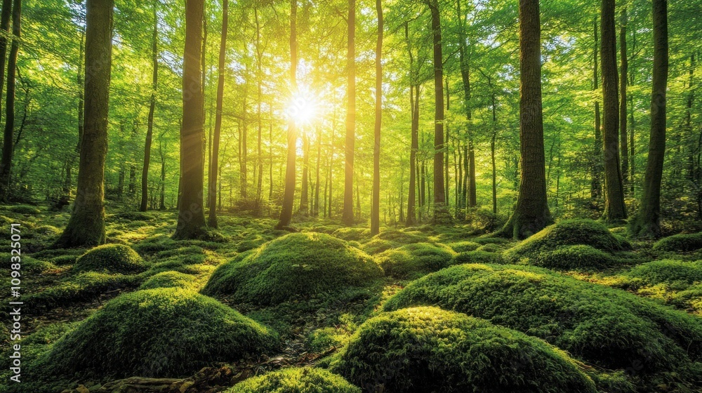 Obraz premium Sunlit forest with moss-covered ground.
