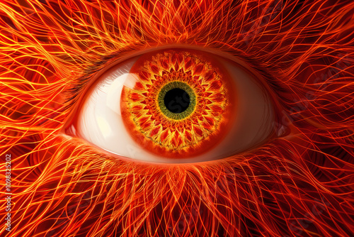 A human eye, surrounded by a blurred background of red and orange hues, possibly suggesting a fiery or intense atmosphere. photo