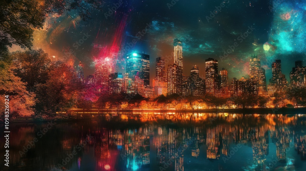 Fototapeta premium Vibrant city skyline night reflection
