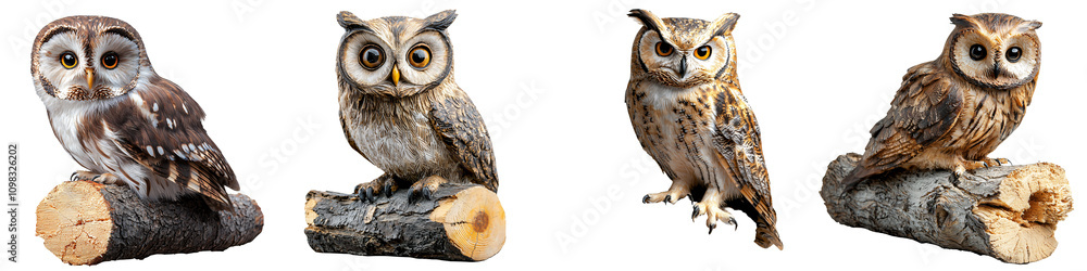 Fototapeta premium A wooden owl sculpture carved with fine feather details perched on a small log isolated on white and transparent background